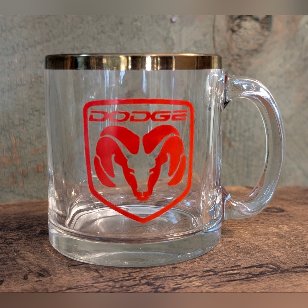 Dodge Ram Glass Mug with Gold Rim and Vintage Red Logo